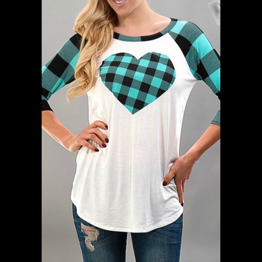 Mint and black plaid heart shirt